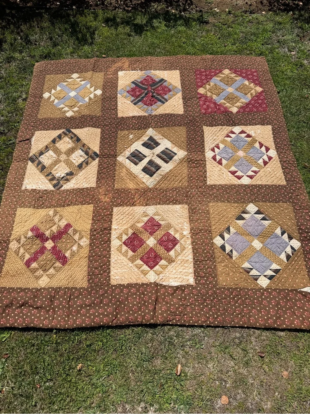 Vintage 4 Patch in Square Hand Sewn Quilt Brown Florals Earth Tones 70x76 CUTTER